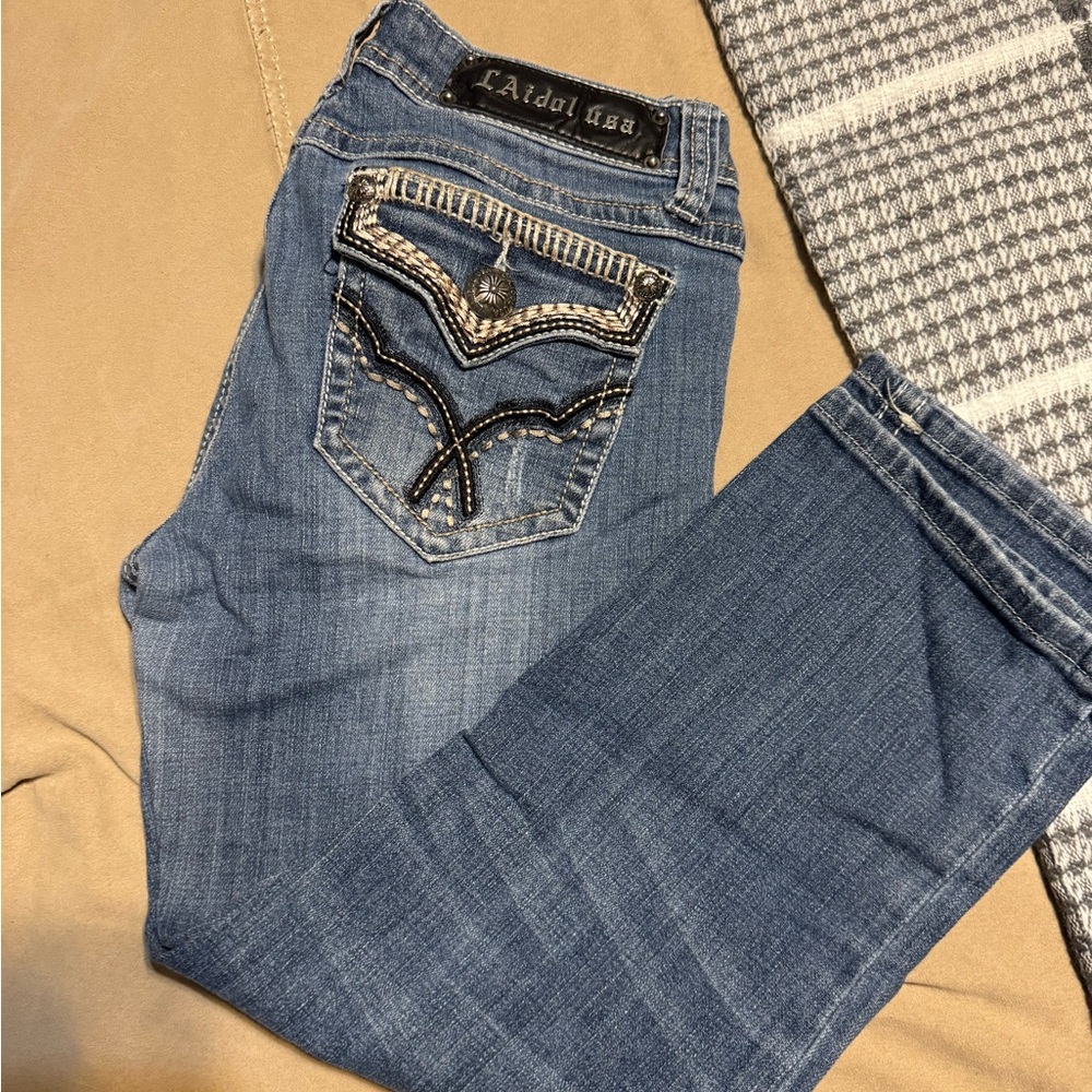 L.A. idol Women's Embellished Blue Skinny Jeans- shin length